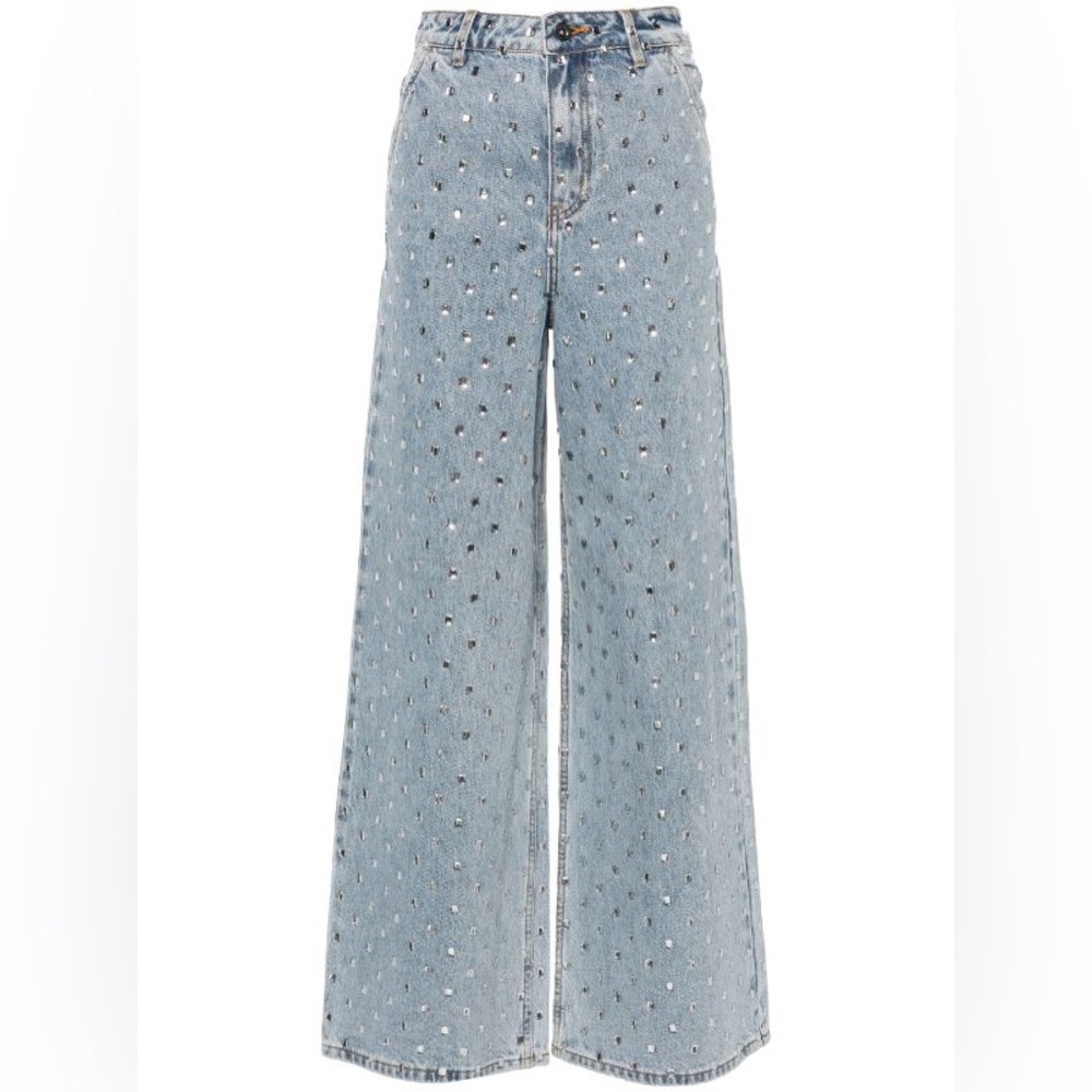 Self Portrait Square Rhinestone Wide Leg Denim Jeans - Picture 4 of 16